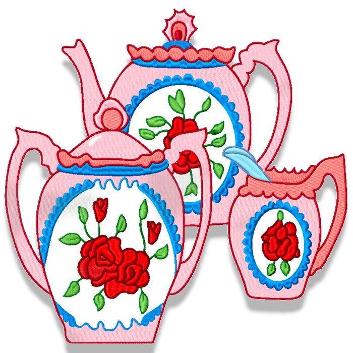 A three-piece ceramic tea and coffee set including a teapot, a pitcher, and a small cup, decorated with red rose motifs, green leaves, and blue scalloped borders on a white background.
