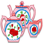 A three-piece ceramic tea and coffee set including a teapot, a pitcher, and a small cup, decorated with red rose motifs, green leaves, and blue scalloped borders on a white background.