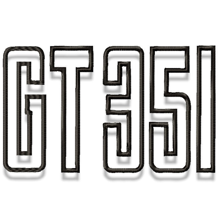 Black embroidered letters spelling 'GT351' in a bold, stylized font, shown on a plain white background.